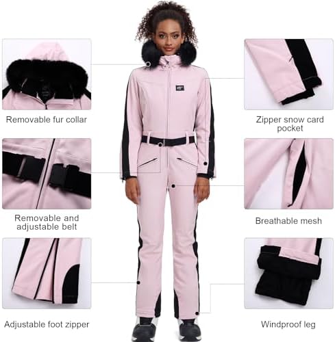 Women's Ski Suit One Piece Snowsuits Snowboard Ski Outfit Faux Fur Collar Slim Jumpsuit Jacket Insulated Windproof