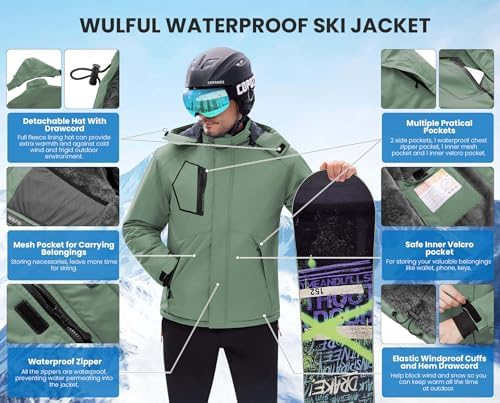 WULFUL Men's Waterproof Ski Jacket Warm Winter Coats Windproof Winter Jackets for Men Fleece Lined Windbreaker with Hood
