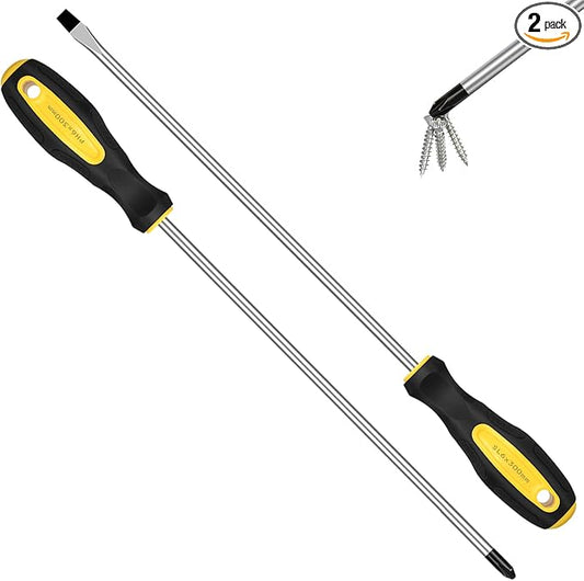 2pcs Long Magnetic Screwdriver Set, 12in Extra Long Phillips and Slotted Screwdriver, with Non-Slip Cushioned Handle Grip