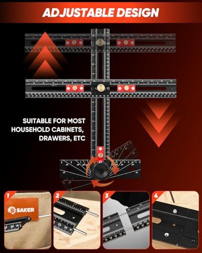 Saker 4-in-1 Scriber Marking Line Ruler, 29.5in Spliceable Extended T Square with Pencil, Precision Line Drawing & Drilling Positioning Tool, Cabinet Hardware Jig with Angle Adjustment for Woodworking