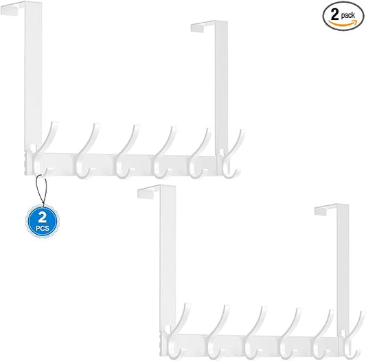 2 Pack Over The Door Hooks - NO NAIL over door hanger holder,NO ASSEMBLY REQUIRED large over the door towel rack with 12 hooks, heavy duty hooks for bathroom,bedroom,hanging towels,coats (White)