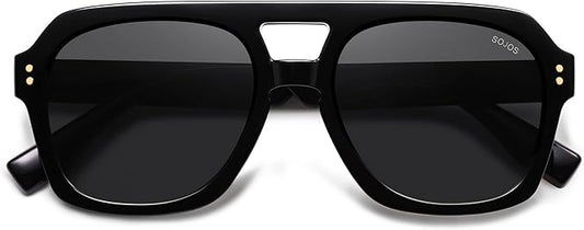 SOJOS レトロ 太め 偏光 アビエーターサングラス レディース メンズ、ラージ トレンディ 太縁 スクエア パイロット シェード SJ2385