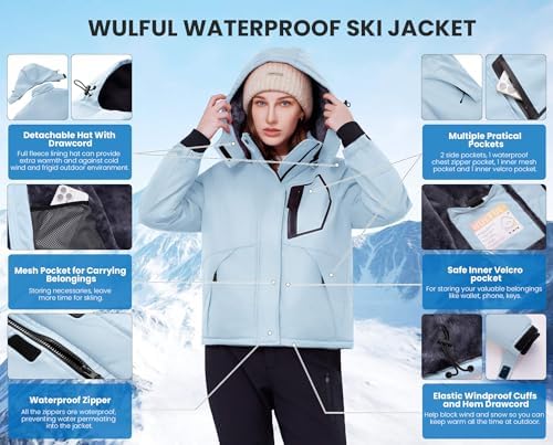 WULFUL Women's Waterproof Ski Jacket Warm Winter Coats Windproof Winter Jackets for Women Fleece Lined Windbreaker with Hood