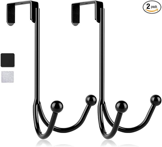 HFHOME 2Packs Over The Door Double Hanger Hooks, Metal Twin Hooks Organizer for Hanging Coats, Hats, Robes, Towels- Black