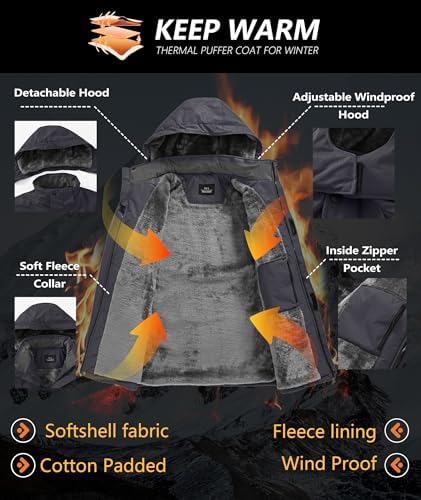 Mens Winter Jackets Waterproof Warm Fleece Ski Jacket with Hood Thermal Windproof Coat Zip Pockets