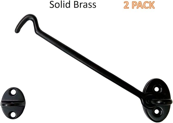 QCAA Heavier Duty Brass Door Hook Latch & Eye, 6", Matte Black, 2 Pack, Made in Taiwan