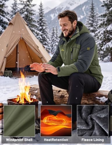 MAGCOMSEN Men's Winter Coats Water Resistant Ski Snow Jacket Warm Fleece Jacket Parka Raincoats With Hood Multi-Pockets