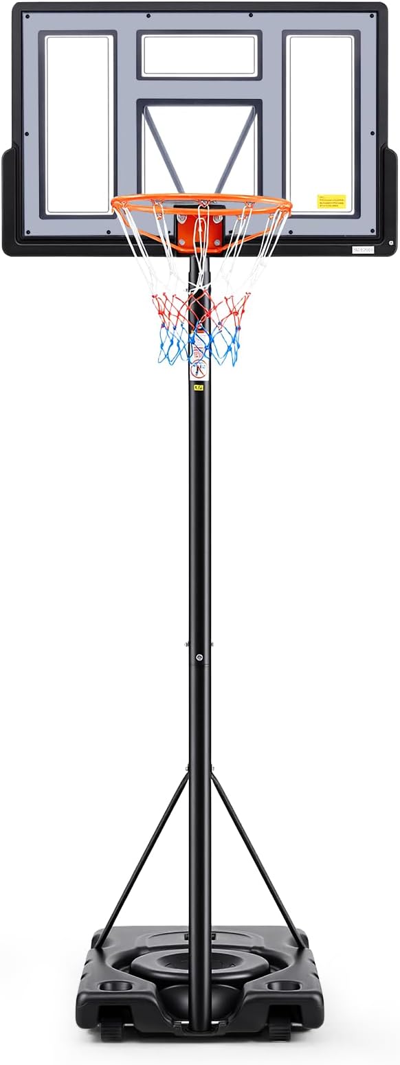 Sweetcrispy Portable Basketball Hoop Outdoor 6.1-10FT Adjustable Height, 44 Inch Shatterproof Backboard/Shock Absorbent Rim, Fillable Base, 2 Wheels for Backyard/Driveway