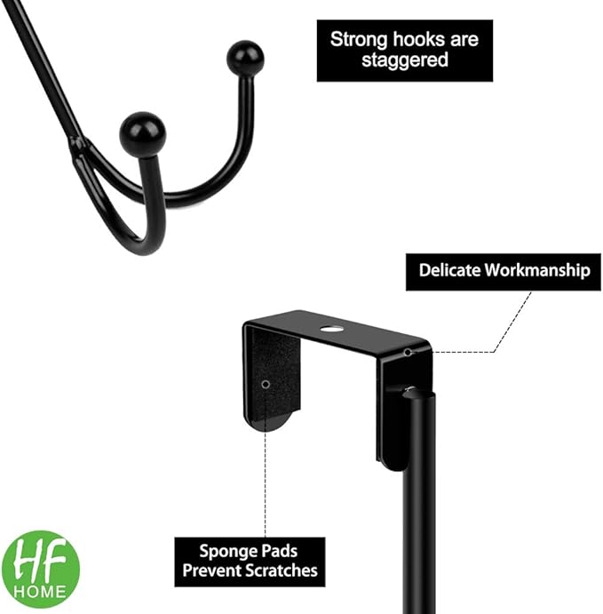 HFHOME 2Packs Over The Door Double Hanger Hooks, Metal Twin Hooks Organizer for Hanging Coats, Hats, Robes, Towels- Black