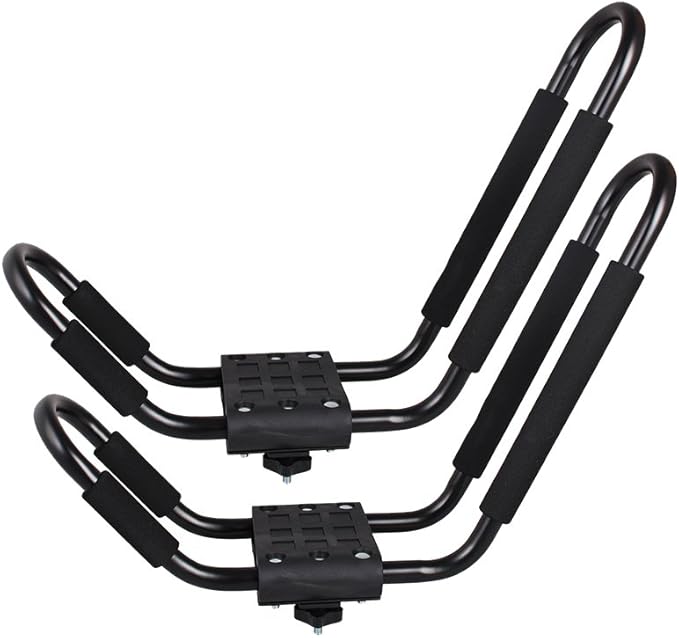 TMS Kayak Roof Racks for 2 Kayaks - Dual Universal Fit Carriers Include Two Sets of Straps for Cars, Trucks and SUVs - Easy to Mount J-Bar Style Carriers for Kayaks Canoes Paddleboards and Surfboards