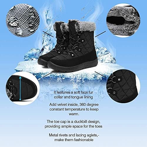 JSWEI Winter Boots for Women - Soft Comfortable Faux Fur Mid Calf Winter Snow Boots Totes Boots Lace up Snow Boots Winter Boots with Insulated Black for Outdoor