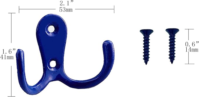 2 Pcs Double Prong Robe Hooks, Dual Coat Hooks Wall Mounted Hanging Clothes for Bathroom Bedroom Door Wall Retro Metal Cloth Hanger Double Coat Hooks with 4 Screws (Blue)