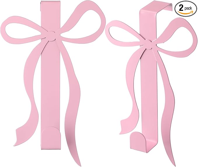 Chunful 2 Pack Bow Over The Door Hook, Metal Strong Door Hanger Hook Coquette Room Decor Bow Accessories for Cabinet Living Room Bathroom Bedroom Kitchen Hanging Clothes Towels Hats Coats Bags (Pink)