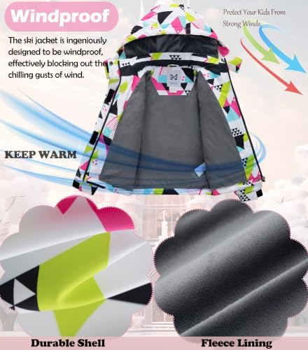 KVE Girls' Ski Jacket Waterproof Hooded Insulated Winter Coat