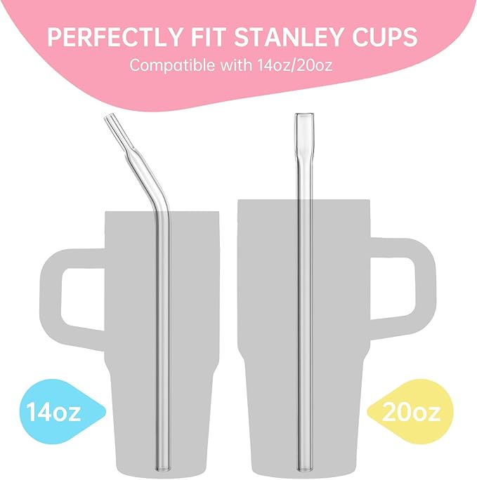 NiHome 6PCS Reusable 8" Anti-Wrinkle Flat Tip Borosilicate Glass Straws for 14oz & 20oz Stanley Cups, Straight & Bent Set, Reduces Lip Lines, Eco-Friendly, Dishwasher Safe, Non-Toxic Drinking Straws