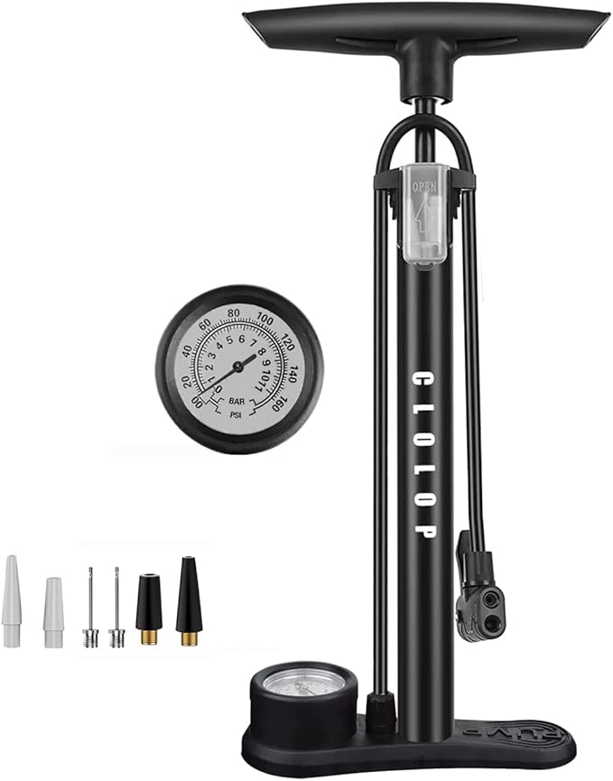CLOLOP Bike Floor Pump with Gauge, Bike Tire Inflator, Air Pump, Bike Pump with Dual Presta & Schrader Valve Head, Bicycle Air Pump, Ball Pump for Road Bike, Mountain Bikes, Balls