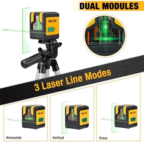 PREXISO Laser Level with Tripod, 100Ft Dual Modules Self Leveling Cross Line Laser Level, Green Line leveler Tool for Floor Tile, Home Renovation, Construction with 31-1/2in Tripod, 2 AA Batteries