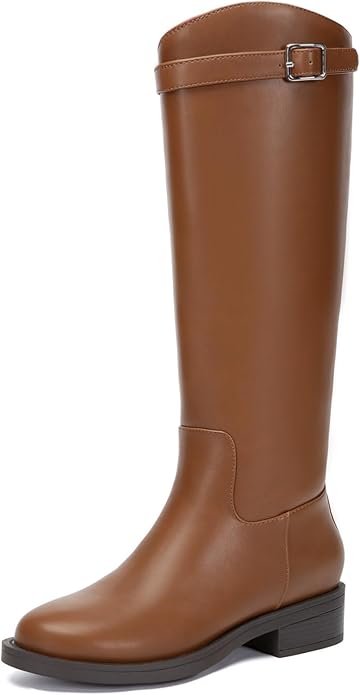 Athlefit Women's Knee High Riding Boots Round Toe Low Heel Tall Boots Pull On Long Booties with Buckle