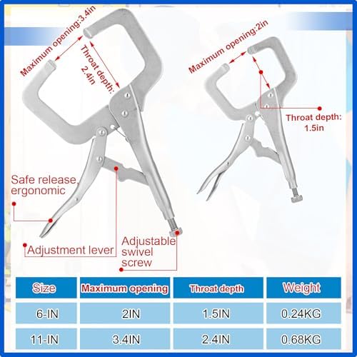 Yexiya 8 Pack 11 Inch 6 Inch Locking C Clamp Locking Pliers Adjustable Welding Clamp Heavy Duty Alloy Steel with Regular Tip for Woodworking Shop Home Farm