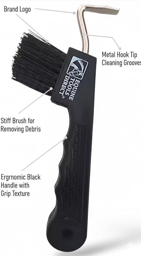 Horse Hoof Pick with Brush, Soft Touch Ergonomic Black Handle, Durable Plastic Hoof Cleaner Tool for Horses, Ponies & Farrier Use