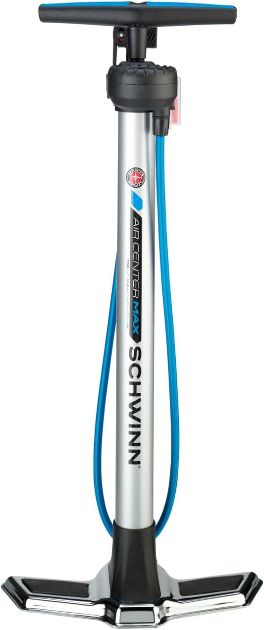 Schwinn Air Center Series or Basic Floor Pump, for a Range of Bikes, 100, 120 or 160 PSI, Soft Grip Handle, Dual Head for Schrader and Presta Valves, Manual Air Pump