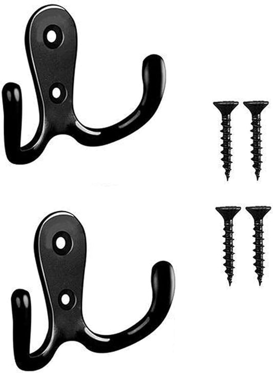 2 Pcs Double Prong Robe Hooks, Dual Coat Hooks Wall Mounted Hanging Clothes for Bathroom Bedroom Door Wall Retro Metal Cloth Hanger Double Coat Hooks with 4 Screws (Black)