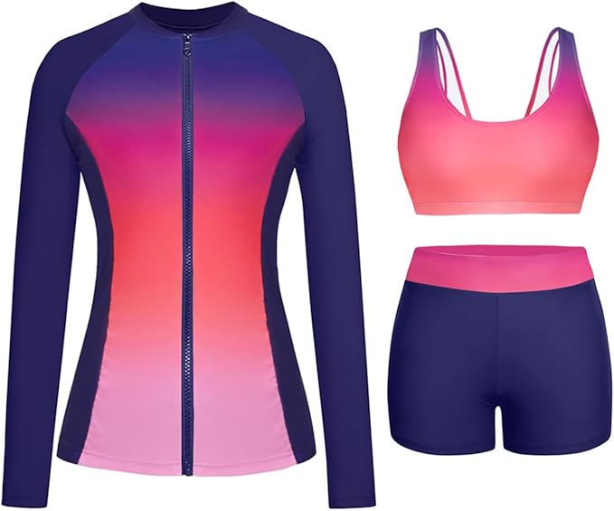 Holipick Long Sleeve Swimsuits for Women - 3 Piece Rash Guard with Shorts Zipper SPF Swim Shirt with Built in Bra
