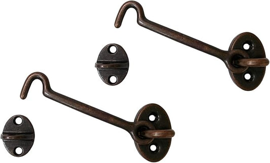 QCAA Heavier Duty Brass Door Hook Latch & Eye, 4", Antique Copper, 2 Pack, Made in Taiwan