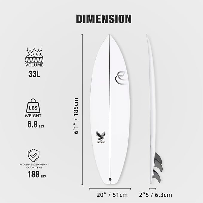 5'8''/6'1" Shortboard 900 FRP with Fin Set and Leash High-Performance Epoxy Surfboard with Wood Stringer, EPS Core, and Carbon Lath