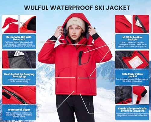 WULFUL Women's Waterproof Ski Jacket Warm Winter Coats Windproof Winter Jackets for Women Fleece Lined Windbreaker with Hood