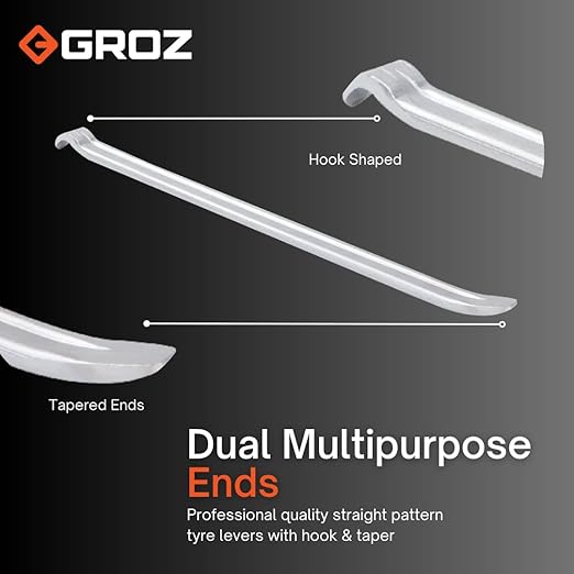 Groz Tyre Lever 16", Forged Carbon Steel with Nickel-Plated Finish, Straight Pattern with Hook & Taper for Motorcycle, ATV, Dirt Bike, Bicycle and Trailer Tire Changing (33180)
