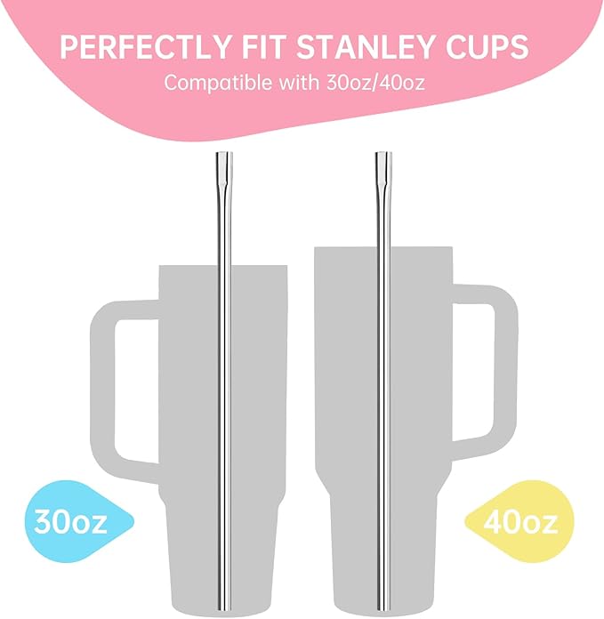 NiHome 6PCS 12" Anti-Wrinkle Flat Tip Reusable Stainless Steel Straws for Stanley 30oz 40oz Tumblers, Wrinkle Free Metal Drinking Straws Lip-Friendly for Iced Coffee, Water (Silver, 6 Straight)