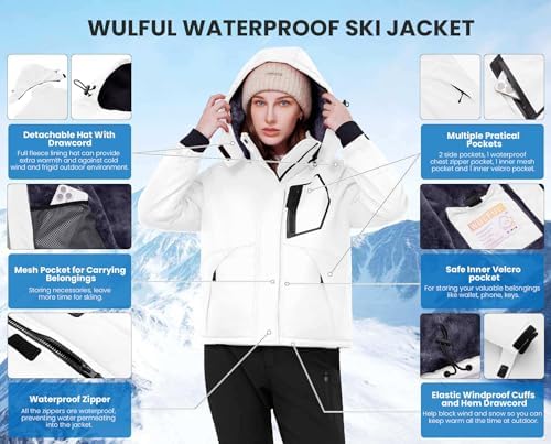 WULFUL Women's Waterproof Ski Jacket Warm Winter Coats Windproof Winter Jackets for Women Fleece Lined Windbreaker with Hood