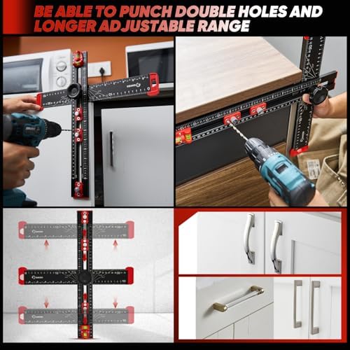 Saker 4-in-1 Drilling Positioning Ruler, Adjustable 13.78in Multifunctional T Square Ruler, Cabinet Hardware Jig, Marking Gauge Tools for Woodworking, Cabinet Drawer Door Hole Drilling Template