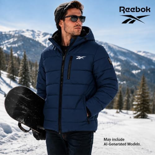 Reebok Mens Sherpa Lined Hooded Puffer Jacket, Quilted Winter Coat