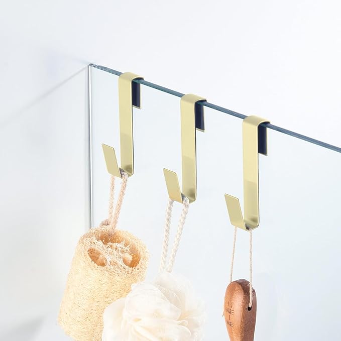 Shower Door Hooks,Towel Hook, Over Glass Door Hook for Bathroom, Suit for Frameless Glass Shower Door 0.39" (10 mm) Stainless Steel Gold, 3 Pack