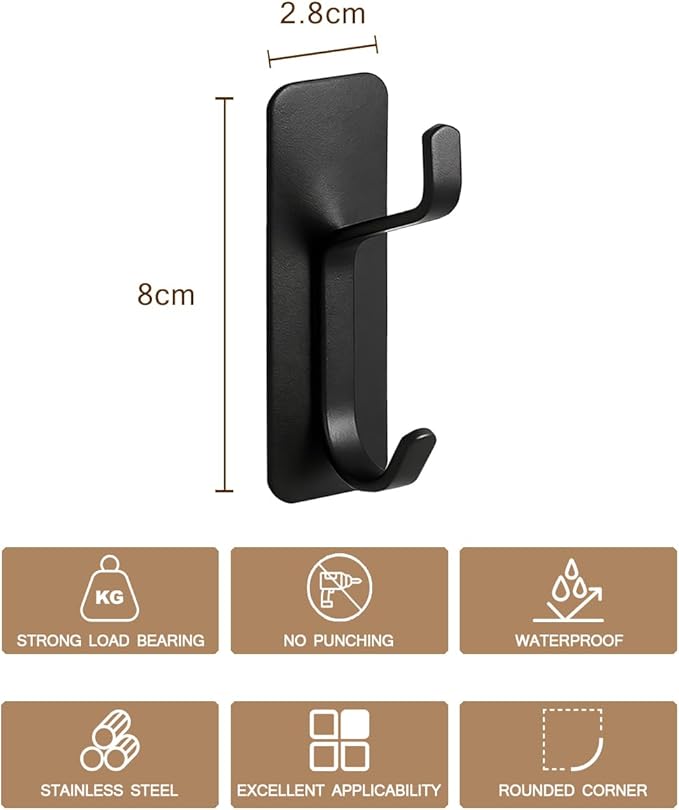 Self Adhesive Wall Hooks, 6 Pack Coat Hooks Wall Mount Heavy Duty Stainless, Double Extra Stick On Towel Hook for Bedroom Kitchen, Over The Door Hook for Hanging Key Hat Backpack (Black)