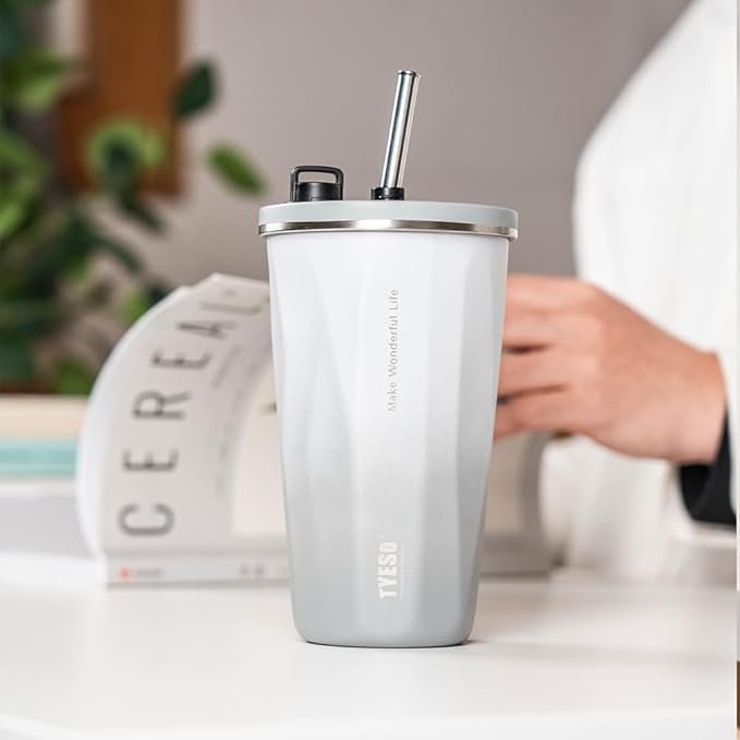 TYESO Stainless Steel Coffee Bottle, 20oz Wide Mouth Travel Coffee Cup with Straw, Vacuum Insulated Stainless Steel Tumbler, Hot & Cold Thermal Mug for Home Office Outdoor, Gray