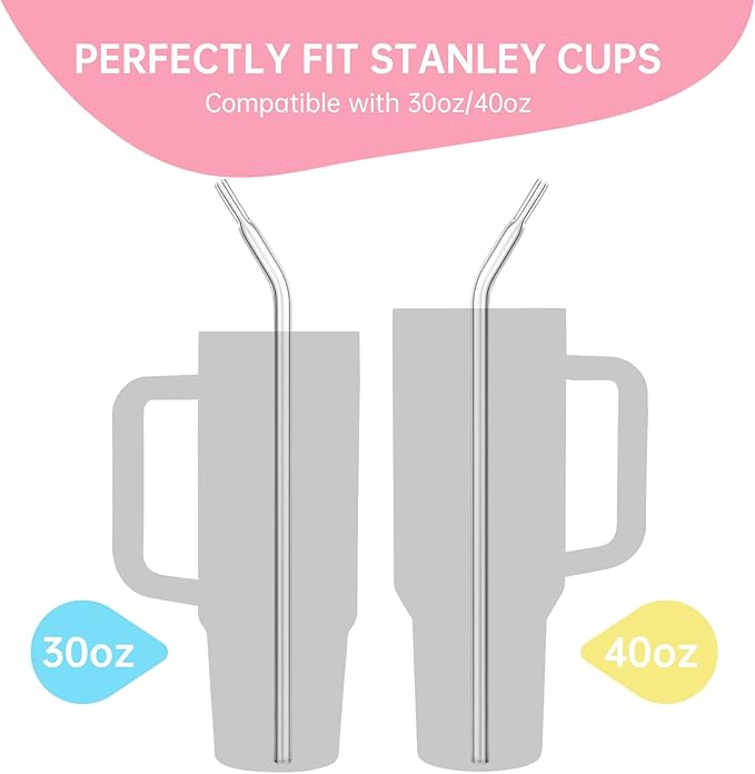 NiHome 12PCSクリアしわ防止プラスチック再利用可能ドリンクストロー、Stanley 30oz 40ozタンブラー用、12インチフラットチップしわなしストロー、冷たい飲み物用しわなしストロー、ブラシ2本付き (12本曲げ型)