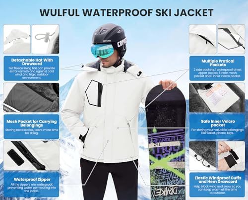 WULFUL Men's Waterproof Ski Jacket Warm Winter Coats Windproof Winter Jackets for Men Fleece Lined Windbreaker with Hood