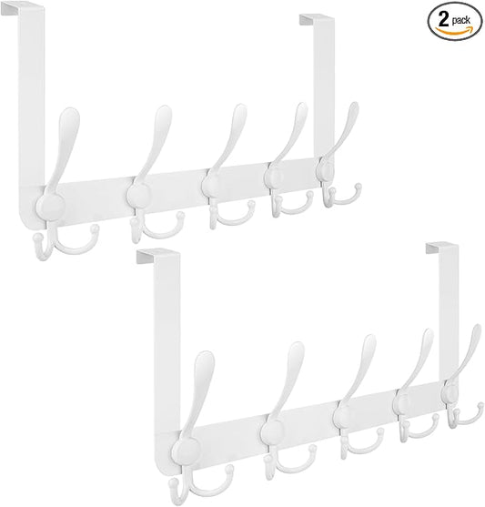 TICONN Over The Door Hooks, 5 Heavy Duty Tri Coat Rack All Metal Coat Hanger for Bathroom Bedroom Dorm (White, 2PK, Fit 1-3/4" Doors)