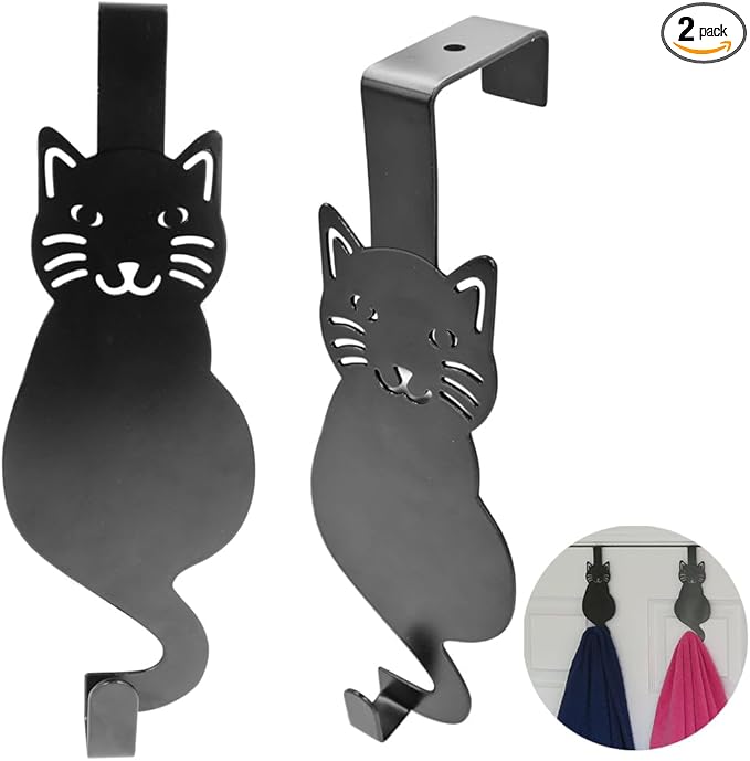 Evelots Over The Door Cat Hooks - 2 Pack - Strong Metal Kitty Decoration - Perfect for Coats, Handbags, Hats, Towels, Wreath Hanger Etc. - Hold up to 20 Pounds - Easy to Install - Rust Free