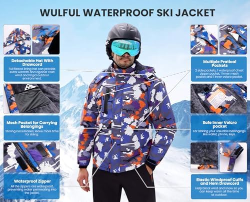 WULFUL Men's Waterproof Ski Jacket Warm Winter Coats Windproof Winter Jackets for Men Fleece Lined Windbreaker with Hood