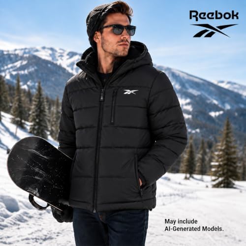 Reebok Mens Sherpa Lined Hooded Puffer Jacket, Quilted Winter Coat