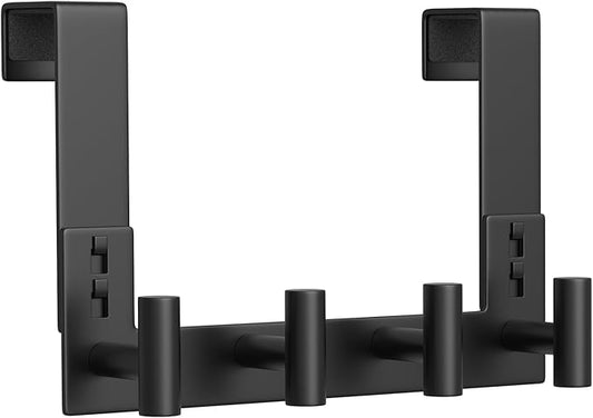 Stainless Steel Over Door Hooks, Over Door Hanger Holder for Robe Cloths, Heavy Duty Towel Hooks, Coat Rack, Doors Organizer for Bathroom, Bedroom, Locker Room & Closet (1 Pack, Black-4 Hooks)