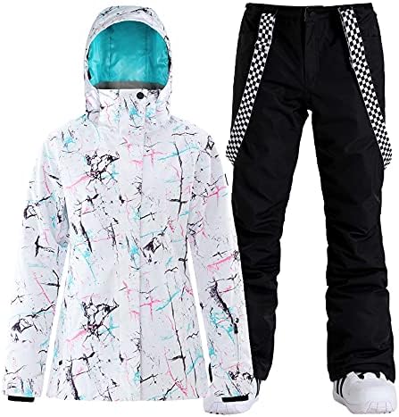 Womens Ski Jacket Pants Set Waterproof Snowboard Snow Pants Hooded