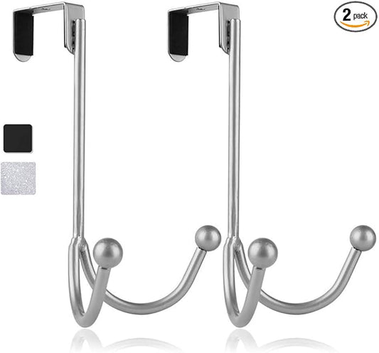 HFHOME 2Packs Over The Door Double Hanger Hooks, Metal Twin Hooks Organizer for Hanging Coats, Hats, Robes, Towels- Silver