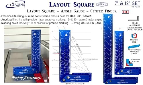 iGaging Layout Square Mark II Set of Two 7" & 12" w/Center Finder Bevel Gauge