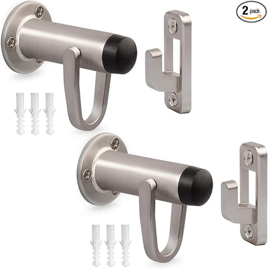 HOMOTEK 2 Pack Heavy Duty Door Stopper with Manual Hook Windproof,Door Holder Stop with Sound Dampening Rubber Bumper Wall Mounted, Brushed Satin Nickel