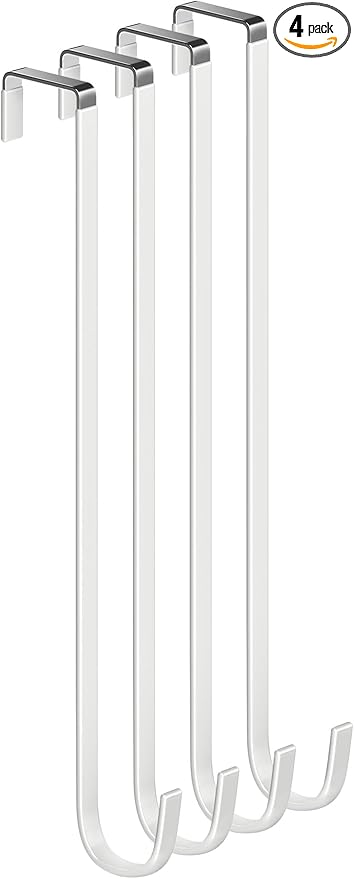 Over The Door Metal Hooks with Plastic Coating 14.2" Fit 0.5" to 1 3/8" Door 4 Pcs Heavy Duty Single Towel Robe Rack Wreath Bathroom Shower Hanger Shoe Organizer Ironing Board Long White